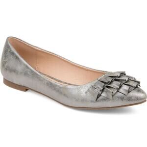 Journee Collection Women Pewter Silver Vegan Leather Ruffled Flats Size US 7